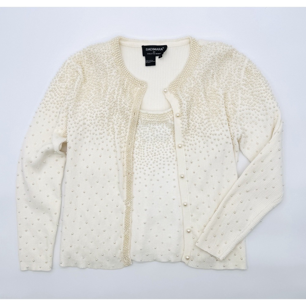 COLETTE MORDO‎ Ivory Pearl Beaded Cotton Cardigan & Shell Twin Set Women's Sz L